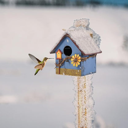 Hanging Bird Houses for Outside Decorative Birdhouse, Garden Bird Feeders for Outdoors, Blue Wooden Bird Nest Box for Wren Finchs Hummingbird Cardinal Bluebird Wild Birds, Gift for Bird Lovers