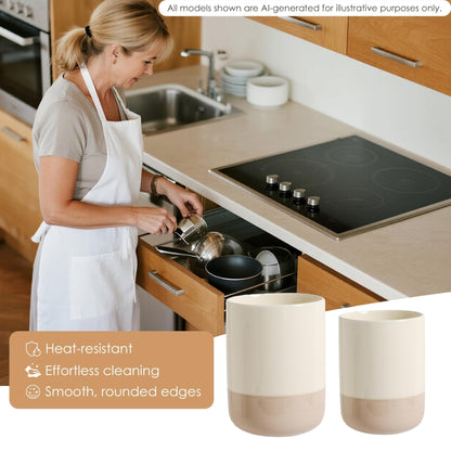 CLAYORA Ceramic Utensil Holder Set, 6.3''+5.3'' Cooking Utensil Crocks for Kitchen Counter, Modern Design Cooking Tool Organizer Set of 2, 800ml+1300ml Ideal for Spatula, Cutlery, Makeup, Flower Vase