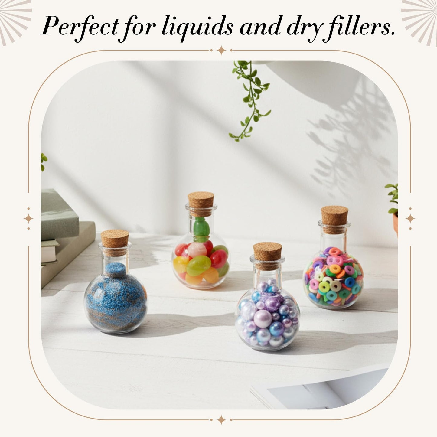 Bokon 50 Pack 1oz Plastic Mini Potion Bottles with Corks, Small Sand Art Jar Tiny Clear Liquor Bottles Bulk Wishing Vial for Birthday Halloween Valentines Party Favor DIY Craft (1.4x1.8 Inch,Round)