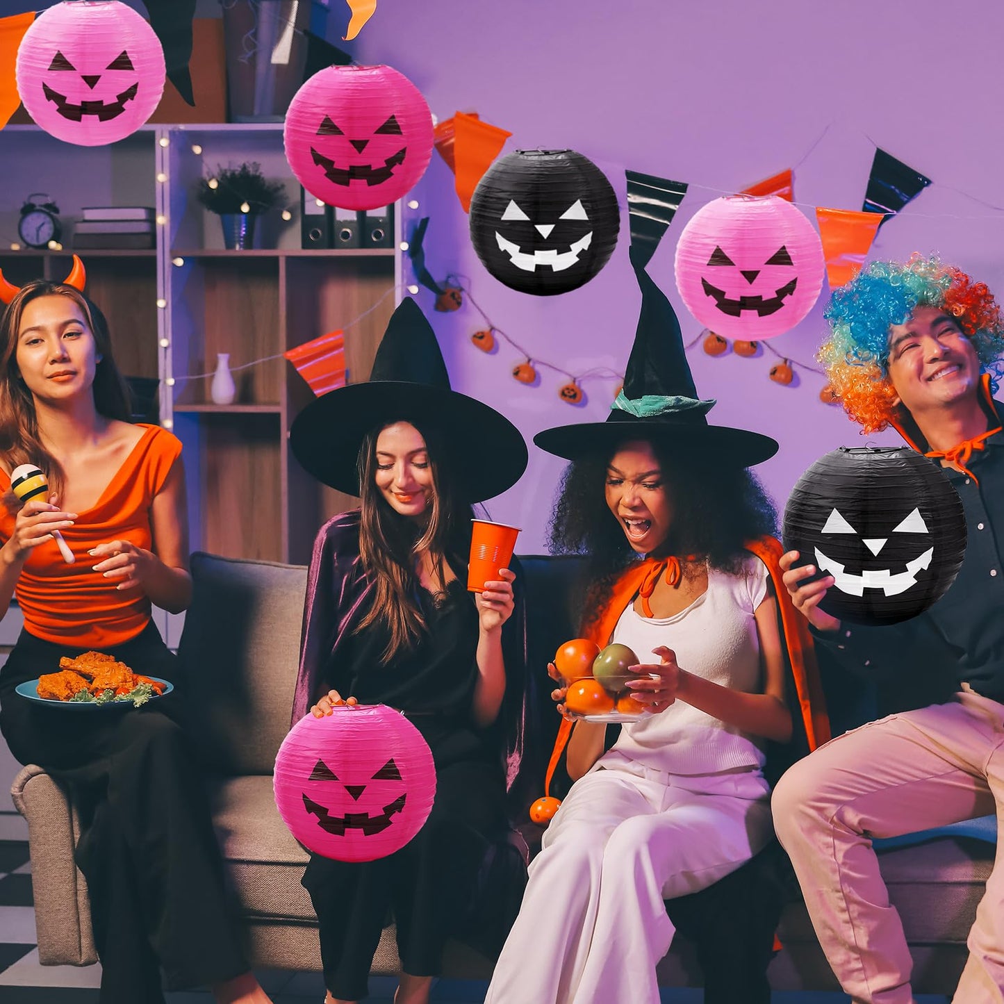 Blulu 6 Pieces Halloween Hanging Paper Lanterns Set Pumpkin Paper Jack-O'-Lantern for Halloween Spooky Home Party Decoration, 11.8 x 11 Inch (Pink,Black)