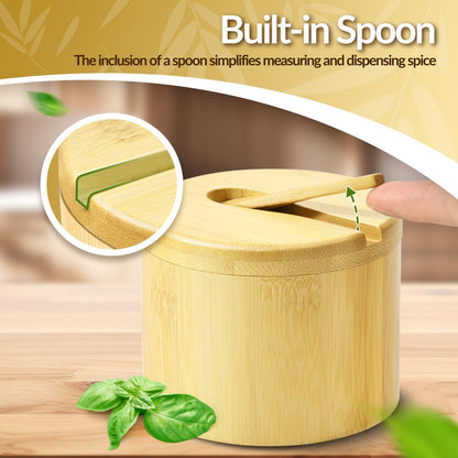 Flexzion Bamboo Salt Cellar with Lid and Spoon - Salt and Pepper Containers for Paprika, Herbs, Spice, Sugar - Bamboo Pepper Jar Storage Box Holder w/Magnetic Swivel Lid for Kitchen, 6 oz (Set of 2)