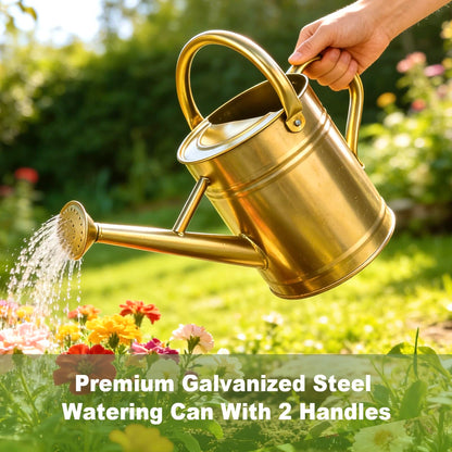 Watering Can for Outdoor&Indoor Plants，1 Gallon Metal Watering Can with with Removable Spout，Galvanized Steel Garden Flower Water Can Plant Watering Pot with 2 Handles，Gold