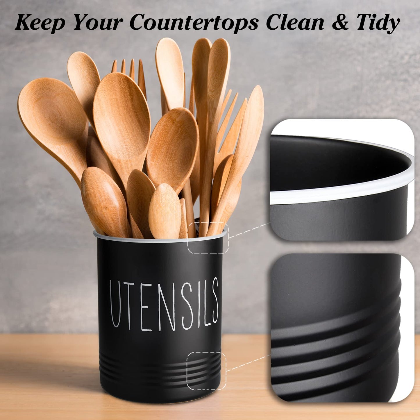 Bivvclaz Kitchen Utensil Holder, 6.7" Utensil Holder for Kitchen Counter, Cooking Utensil Crock with Cork Bottom, Modern Farmhouse Decor, Countertop Utensil Storage Organizer Caddy, Black