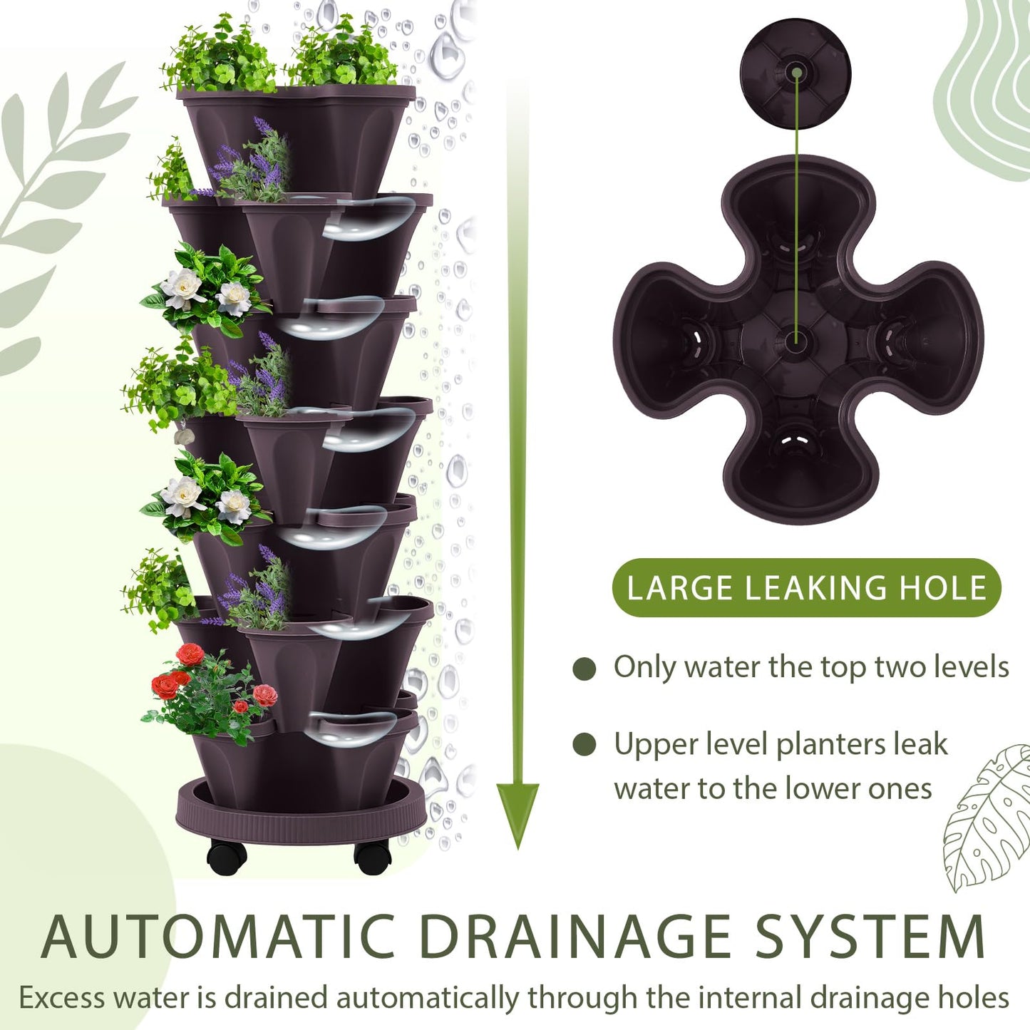 Umigy 2 Set Espresso Brown 7 Tier Vertical Planter Stackable Tower Planters Strawberry Herb Flower and Vegetable Pots Indoor Outdoor Gardening Pots with Removable Wheels and Tools