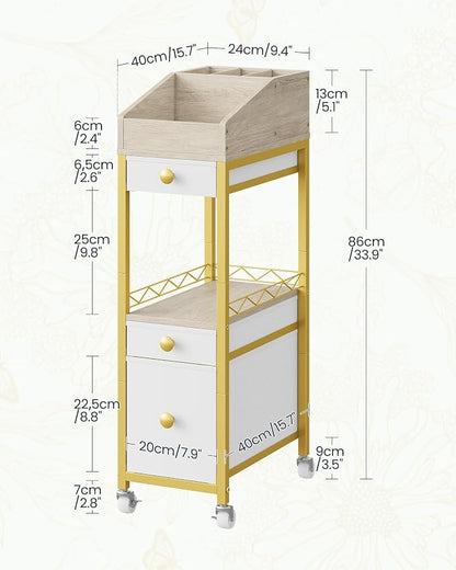 CHOEZON Makeup Organizer Storage Cart with Drawers, Floor-Standing Makeup and Skincare Organizer with Wheels, Bathroom Vanity Make Up Organizers for Brush, Hair Tool, White, Gold, and Natural TCJ90JW