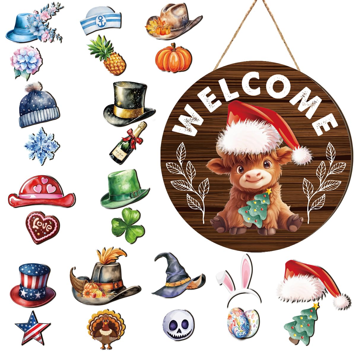 Riletese Easter Interchangeable Welcome Sign Wooden Highland Cow Seasonal Holiday Decor with Magnet Pieces and Detachable Hats Front Door Yard Home Decorations Gift (Highland Cow)
