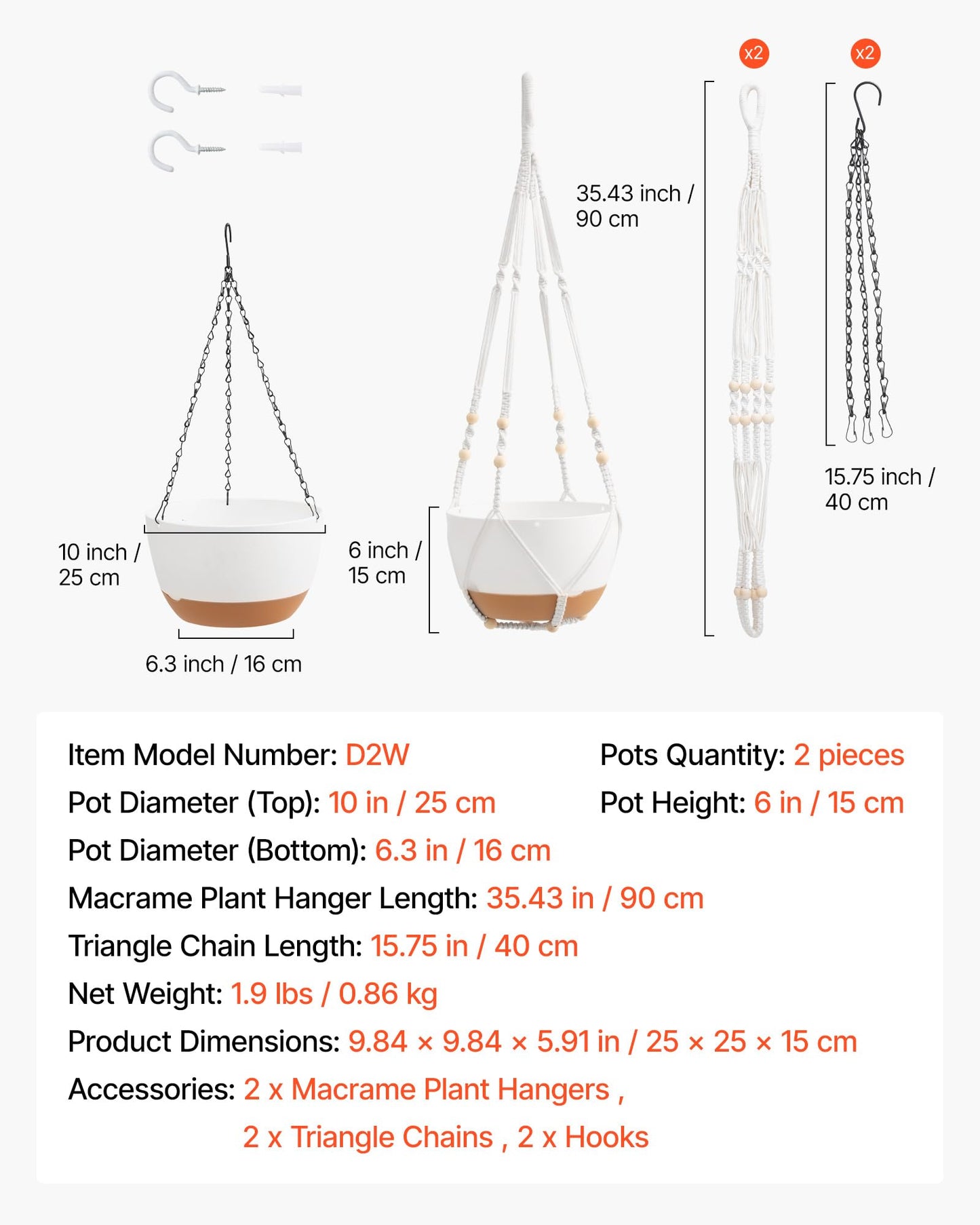 VEVOR Hanging Planters, 10 Inch Self-Watering Hanging Planter, 2 Pack Flower Pots with Drainage Hole & 2 Kinds of Plant Hangers, Plastic Basket Pots, for Garden Home Decor, Indoor & Outdoor Plants