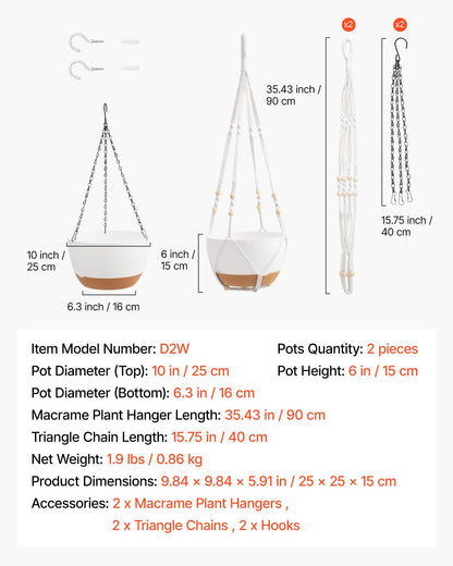 VEVOR Hanging Planters, 10 Inch Self-Watering Hanging Planter, 2 Pack Flower Pots with Drainage Hole & 2 Kinds of Plant Hangers, Plastic Basket Pots, for Garden Home Decor, Indoor & Outdoor Plants