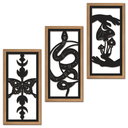 IARTTOP 3 Pcs Black Gothic Wall Art Boho Witchy Moon Phases Butterfly Wood Wall Decor Snake Decor Hanging Art Dark Mushroom Artwork Home Decor for Apartment Living Room Bedroom 7.9 x15.8 Inch
