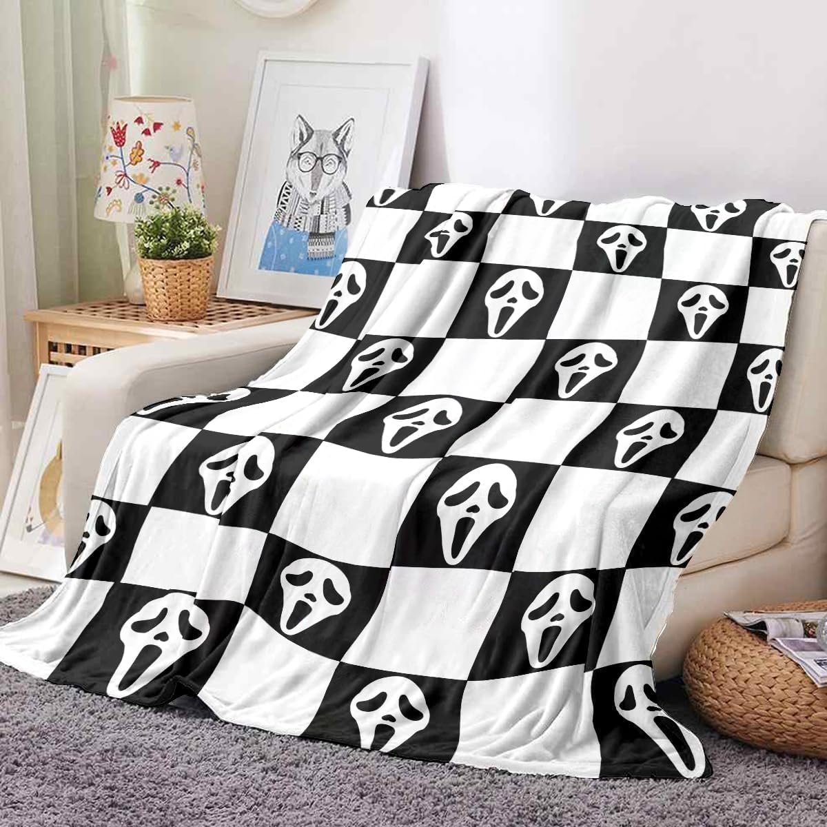 YWZDS Spooky Face Throw Blanket, Black and White Checkered Pattern, Halloween Ghost Blankets Fuzzy Gifts for Sofa Couch Bedroom (40 * 50 inch)