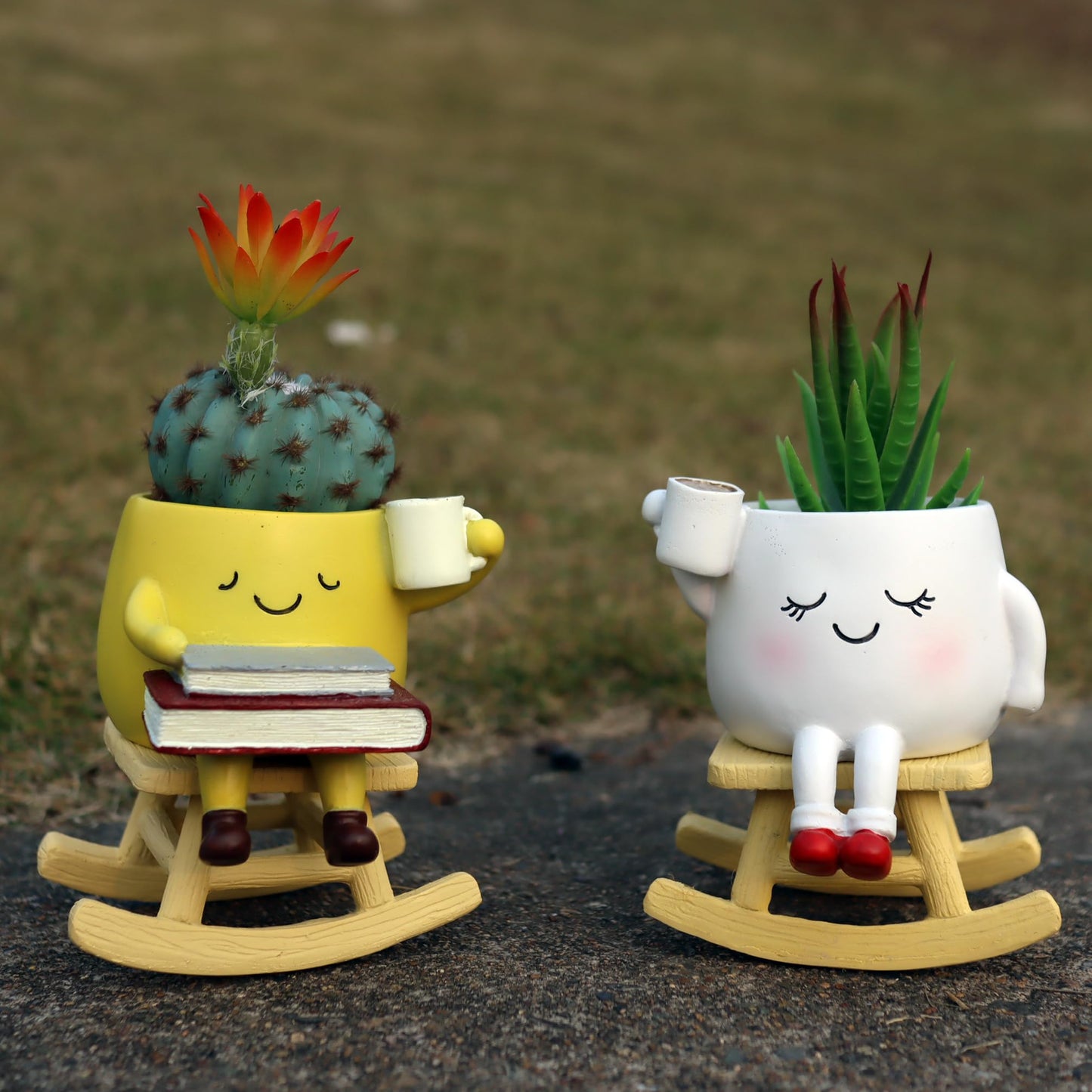 Dolkgy Cute Plant Pots Head Planters, Unique Rocking Chair Drinking Coffee Girl Face Vase, Decorative Cactus Succulent Flower Pots, Gifts for Plant Lovers