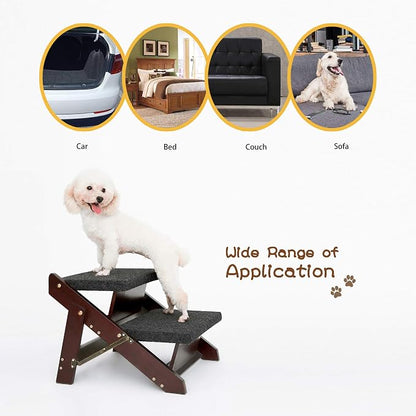 MEWANG Wooden Pet Stairs/Pet Steps - 2-in-1 Foldable Stairs & Ramp for Beds and Cars - Portable Dog/Cat Ladder Up to 220 Pounds - Great for Small and Older Animals(Brown) (17.3" L x 17.24" W x 13" H)