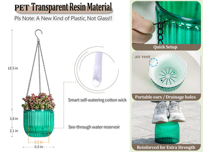 Melphoe 2 Pack Self Watering Hanging Planters Indoor Flower Pots, 6.5 Inch Outdoor Hanging Plant Basket, Hanger with 3Hooks Drainage Holes for Garden Home (Emerald + Gray)