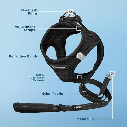 Best Pet Supplies Voyager Step-in Air All Weather Mesh Harness and Reflective Dog 5ft Leash Combo with Neoprene Handle, for Small, Medium and Large Breed Puppies - Black, XXX-Small