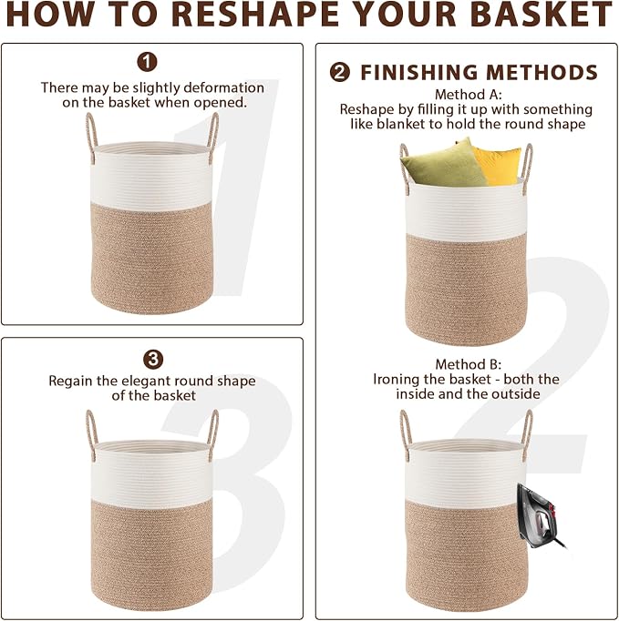 OIAHOMY Large Laundry Basket Hamper - 100L Cotton Rope Woven Basket for Blankets, Toys, Clothes - Tall Decorative Nursery Hamper with Long Handles, Brown/White