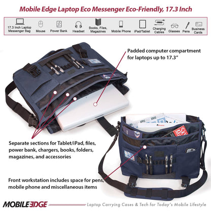 Mobile Edge ECO Laptop Messenger Bag for Men and Women, Fits Up To 17.3 Inch Laptops, Travel Work Computer Bag, Cotton Canvas, Padded Pockets, Black