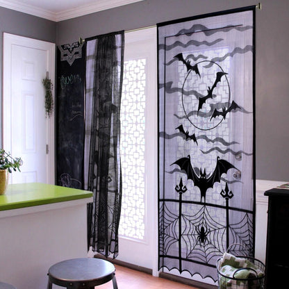 OurWarm 2Pcs Halloween Curtains 84 Inches Long, Spider Web Bats Halloween Black Lace Door Curtains, Halloween Kitchen Curtains, Halloween Curtains for Living Room Halloween Window Decor, 40 x 84 Inch