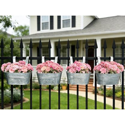 Joyfernal Balcony Galvanized Hanging Planters Railing Flower Pots, Outdoor Metal Fence Planter Pot with Detachable Hooks Drain Hole for Garden Patio Yard Decor (10 Inch, 2Pcs)