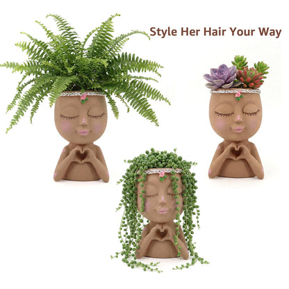 Meltset M Face Planter Pot with Heart Hands, Resin Head Planter for Indoor Plants, Cute Succulent Pots with Drainage Hole, Gardening Gifts for Women Mom Teacher, 7.3" Home Decor (Brown)