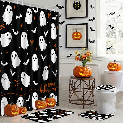 Mocsicka 4Pcs Halloween Shower Curtain Set Black Spooky Bow Ghost Shower Curtain Set for Halloween Bathroom Decor with Anti-Slip Waterproof Bathtub Bathroom Rugs Toilet Lid Cover