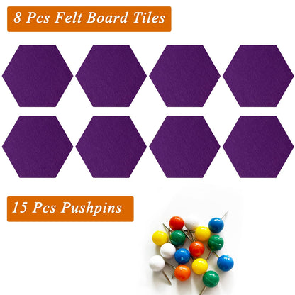 HULAVO 8 Pcs Hexagon Felt Cork Bulletin Board Tiles, Self Adhesive DIY Bulletin Board Pin Board for Office School Home Wall Decor Memos Photos Display(Purple)