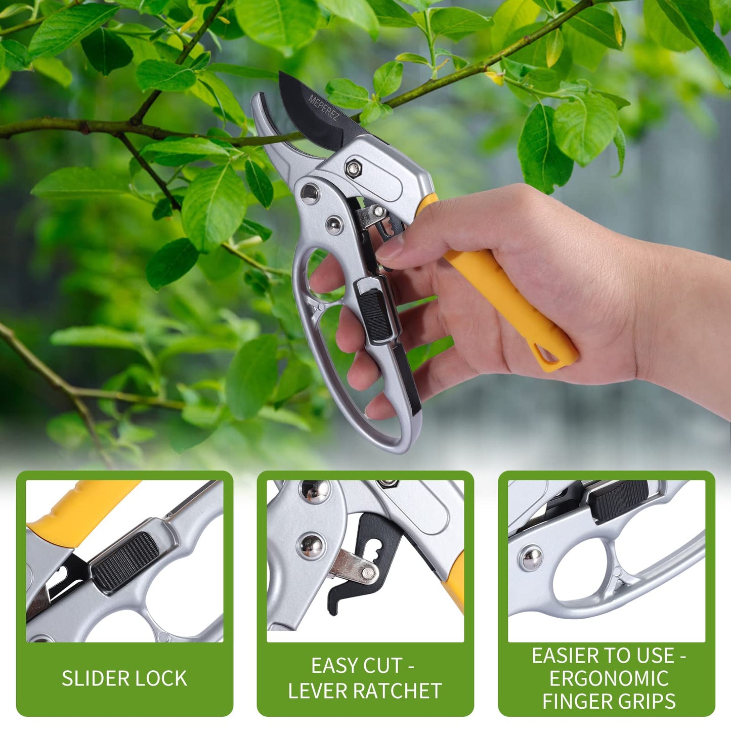 MEPEREZ Premium German-Made Pruning Shears – Ergonomic, Heavy-Duty Hand Pruners Designed for Precision Cutting of Plants; Ideal for Gardeners and Individuals with Arthritis or Reduced Hand Strength