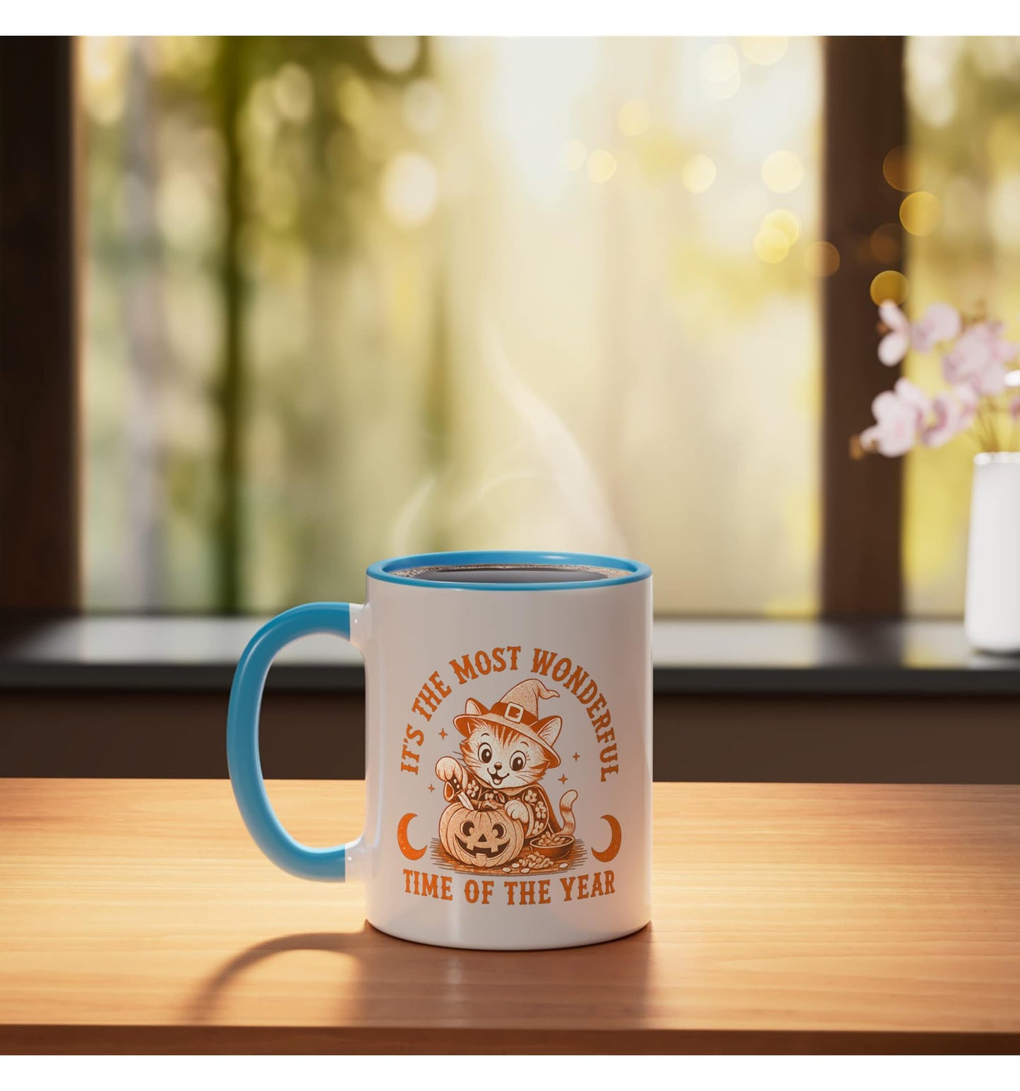 Cute Cat Carving Pumpkin Halloween Moon Witch Hat Vintage Ceramic Mug, Blue/White
