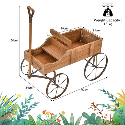 Aurcs Wooden Wagon Planter, Garden Wagon Cart Planter Pot Stand w/ 2 Planting Section, Adjustable Handle, Rolling Wheels, Planter Box Display for Succulent, Flowers, Vegetables (Natural)