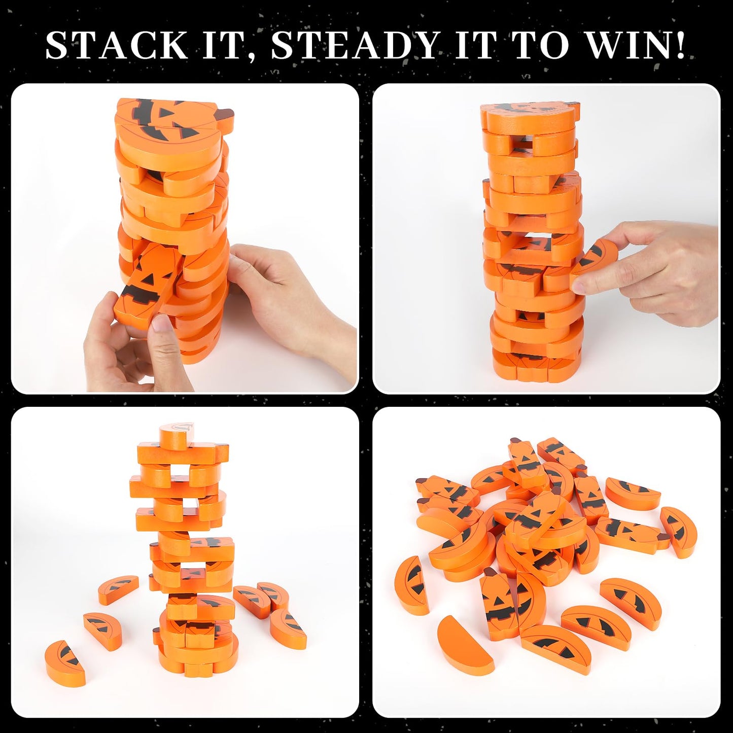 COCHIE Halloween Game for Family Adults, Wooden J-O-Lantern Blocks Stacking Tower Games, Tumbling Tower Balancing Pumpkin Blocks Halloween Party Game Activities Gifts (Pumpkins)