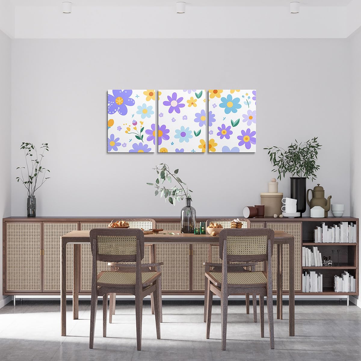 Feelyou Cute Flower 3 Piece Canvas Wall Art for Living Room Bedroom Cartoon Cute Floral Office Decor Artwork Purple Yellow Wall Art for Home Decor Kawaii Picture Posters