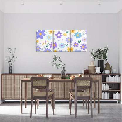 Feelyou Cute Flower 3 Piece Canvas Wall Art for Living Room Bedroom Cartoon Cute Floral Office Decor Artwork Purple Yellow Wall Art for Home Decor Kawaii Picture Posters