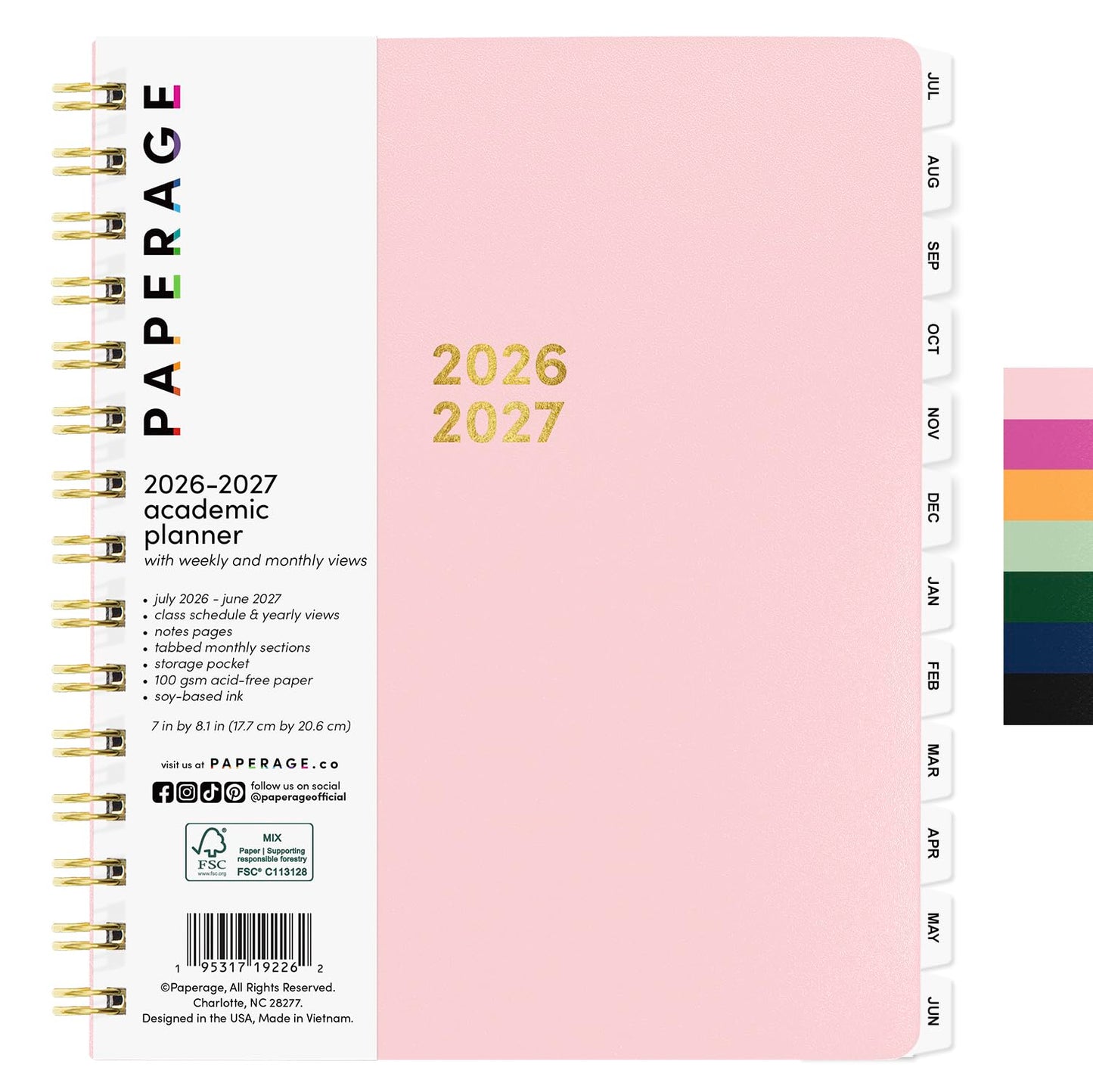 PAPERAGE Academic Planner, Weekly & Monthly Planner & Calendar, 12-Months, July 2026 - June 2027, (7" x 8"), School & Student Planning Agenda with Tabs, Bonus Pages & Inner Pocket, Pink