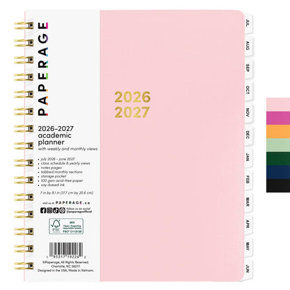 PAPERAGE Academic Planner, Weekly & Monthly Planner & Calendar, 12-Months, July 2026 - June 2027, (7" x 8"), School & Student Planning Agenda with Tabs, Bonus Pages & Inner Pocket, Pink