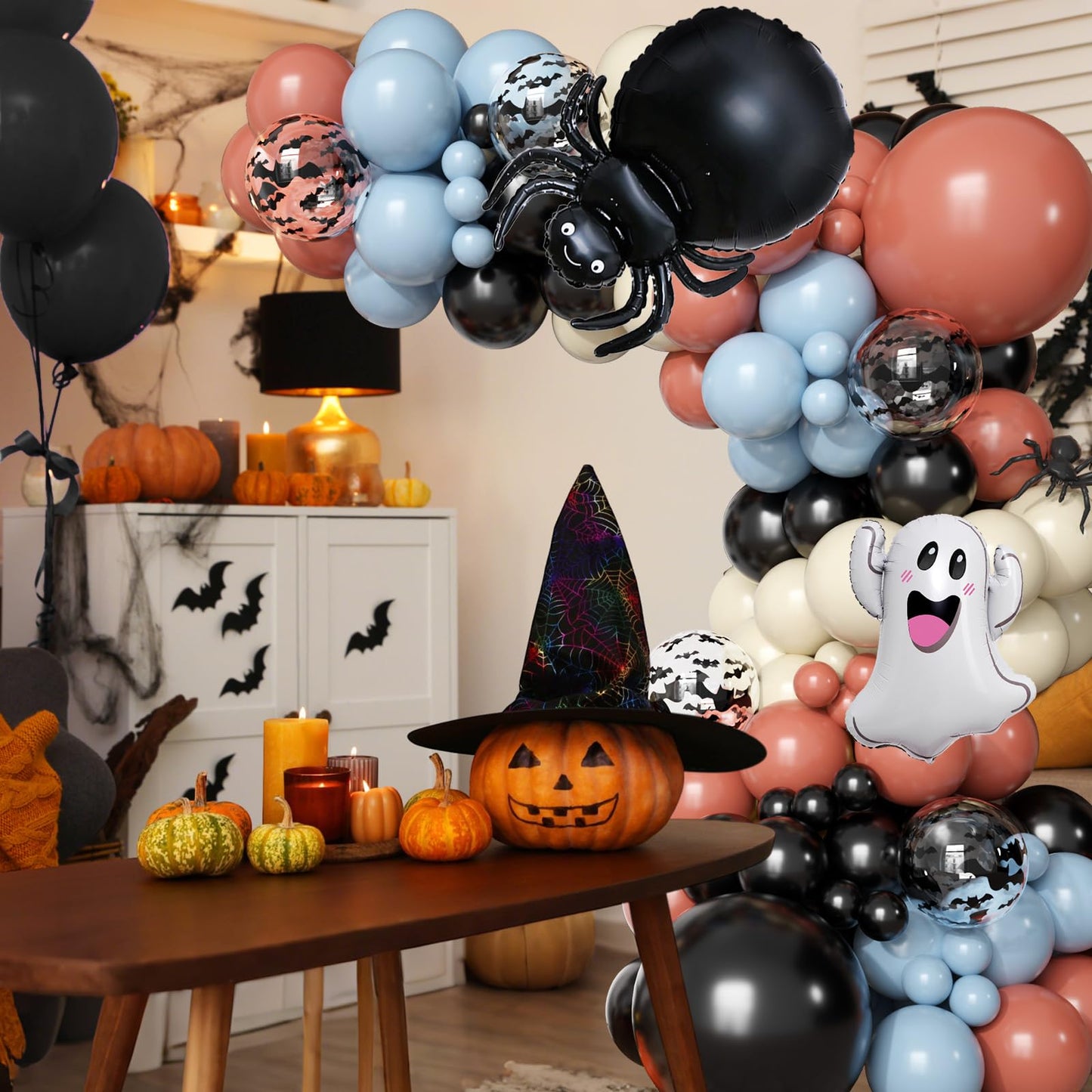 Halloween Balloons Arch Kit, 2025 Halloween Balloon Black Burnt Orange Dusty Blue Latex Balloons Garland with Ghost, Spider, Bat Printed Foil Balloon for Ghost Party Decorations
