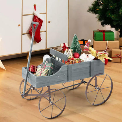 Wagon Planter, Decorative Wooden Garden Planter with Wheels, 2 Planting Sections and Adjustable Handle, Indoor Outdoor Backyard Balcony Decor (Grey)