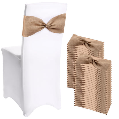 Newwiee 48 Pcs Burlap Stretch Chair Sashes Linen Spandex Bow Chair Bands Ties Dining for Rustic Wedding Dining Banquet Event Party Favor Ceremony Decoration (Pure Brown)