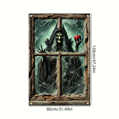 Tomhong Halloween Window Cover 31x47 Inch Witch Holding Apple Cobweb Horror WindowBanner Holiday Decoration Haunted House Indoor Outdoor Spooky Wall Decor