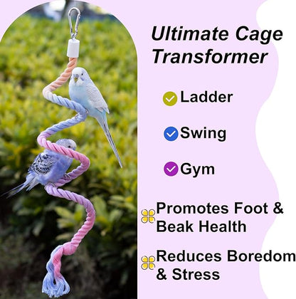 31.5" Bendable Bird Perch Cotton Rope Rainbow Bird Toy Twistable Ladder Swing Chewable Gym for Parakeets Cockatiels Conures Lovebirds