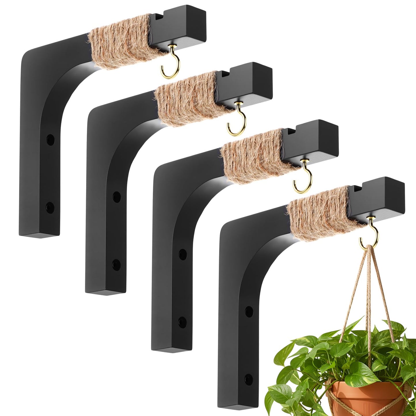 Geelin 4 Pack Black Wooden Plant Hanger for Wall Mounted Plant Hooks Outdoor Indoor Hanging 6 Inch Farmhouse Hanging Basket Hooks for Garden Home Wall Decoration, L x H x T: 6 x 5 x 0.8inch