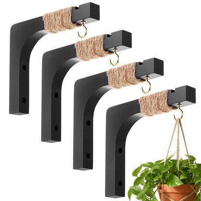 Geelin 4 Pack Black Wooden Plant Hanger for Wall Mounted Plant Hooks Outdoor Indoor Hanging 6 Inch Farmhouse Hanging Basket Hooks for Garden Home Wall Decoration, L x H x T: 6 x 5 x 0.8inch
