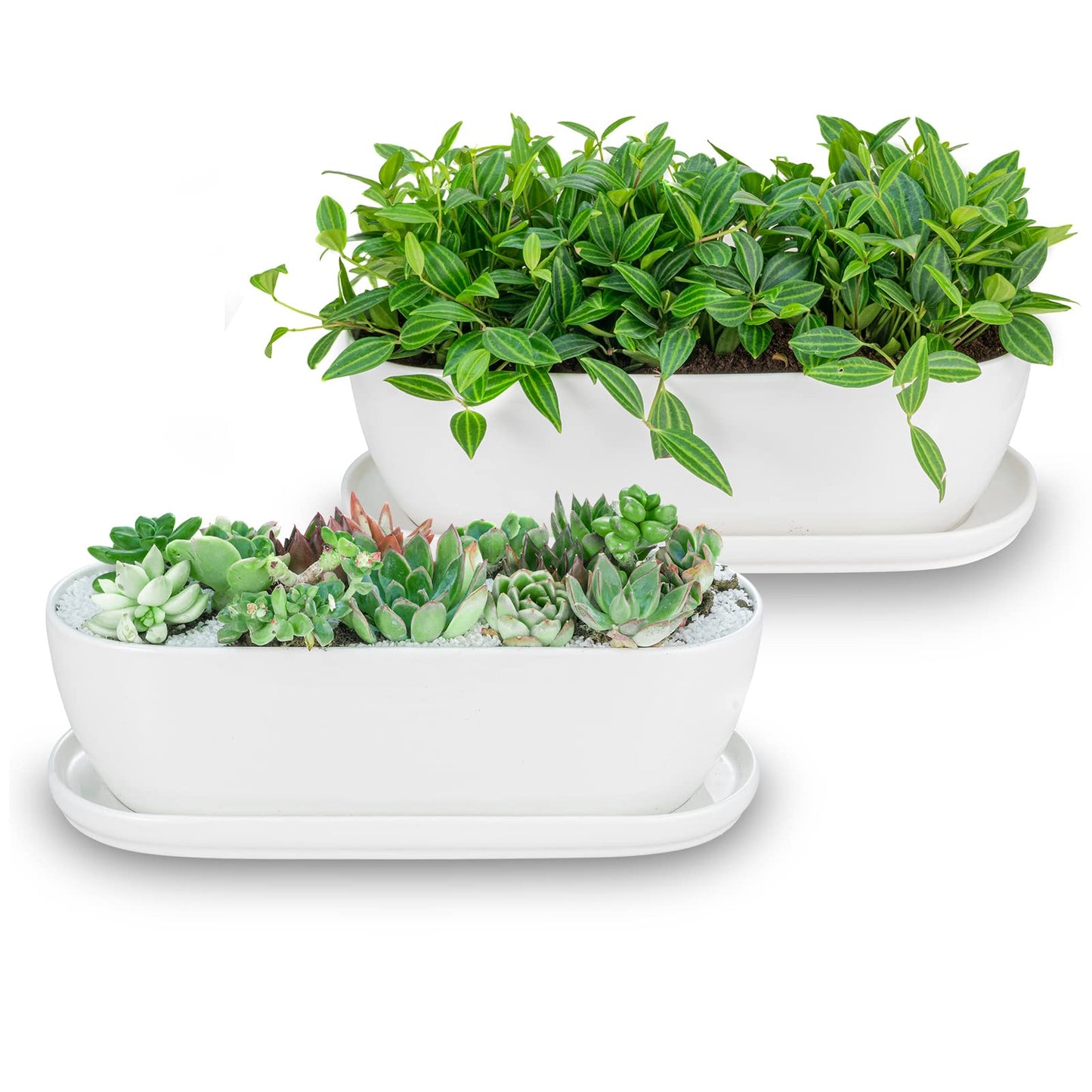 E-liu Ceramic Plant Pots, 11+14 inch, Set of 2, Planters with Drainage Holes Saucers and Mesh Pads, Indoor Flower Succulent Pot with Hole Mesh Pad, Gifts for Mom, Plants Not Included