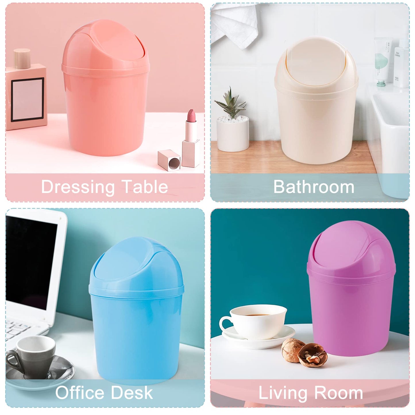 SITAKE 2 Pcs Plastic Mini Wastebasket Trash Can with Swing Lid with 120 Trash Bags, Tiny Desktop Waste Garbage Bin for Home, Office, Kitchen, Vanity Tabletop, Bedroom, Bathroom (Pink + Beige)