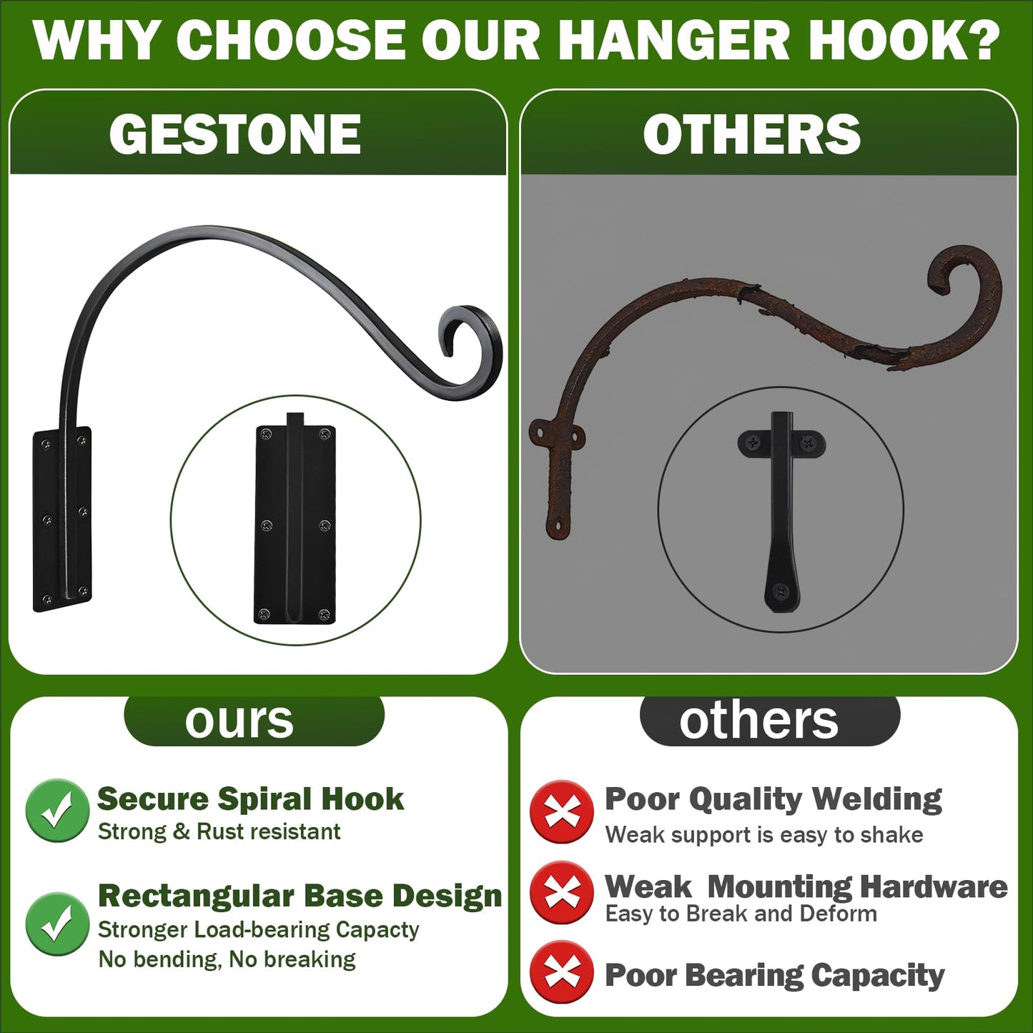 GESTONE 16 Inch 2 Pack Plant Hangers Outdoor,Plant Hanging Hook Bracket for Bird Feeder Hanger,Hanging Plant Hooks for Outside Baskets Lanterns Wind Chimes Outdoor Indoor