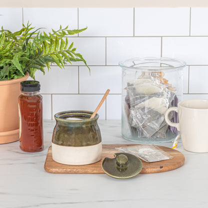 Creative Co-Op Stoneware Sugar Pot with Lid and Wood Spoon, Deep Green Glaze