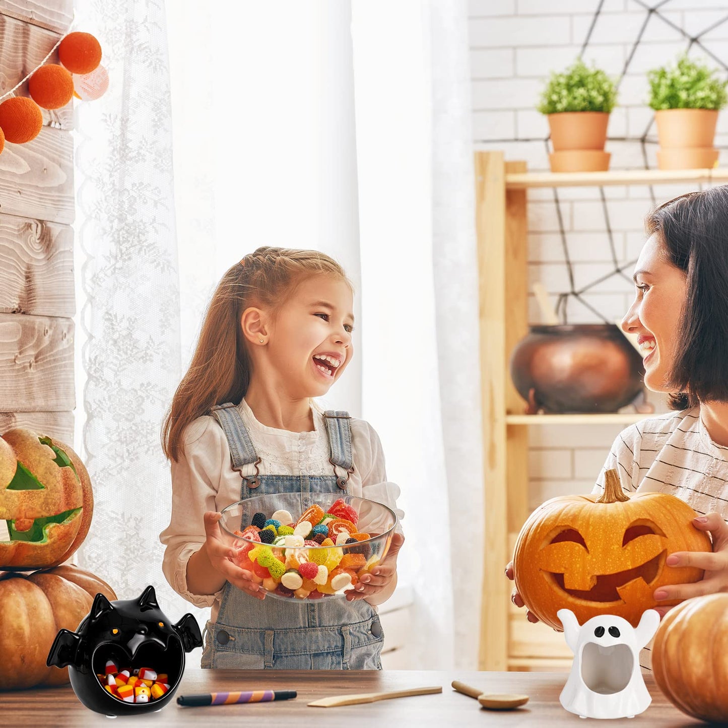 Whaline 2Pcs Halloween Candy Bowls MIni Halloween Candy Dish Candle Holder Trick or Treat Bat Ghost Ceramic Dish for Tiered Tray Ornament Tableware Holiday Party Decor Supplies Gift