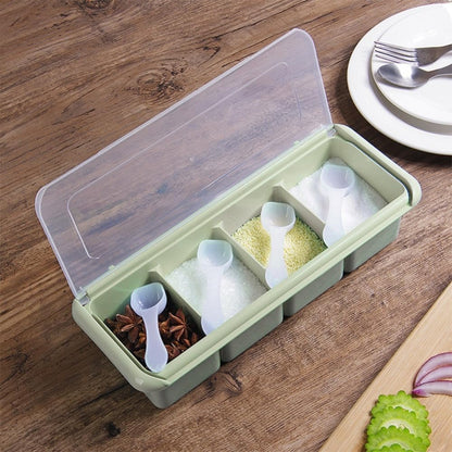 Anu Limen Spice Organizer Box 11.4 Inch – Condiment Holder with Spoon, Kitchen Storage Rack for Seasonings, Sugar, Salt, Jam, Leak-Proof Design(Green)