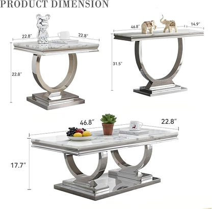 3 Piece Living Room Table Set Include 1 Faux Marble Coffee Table & 1 End Table & 1 Console Table, Modern White Silver Coffee Table Set of 3 with Double O Shape Stainless Steel Pedestal Base