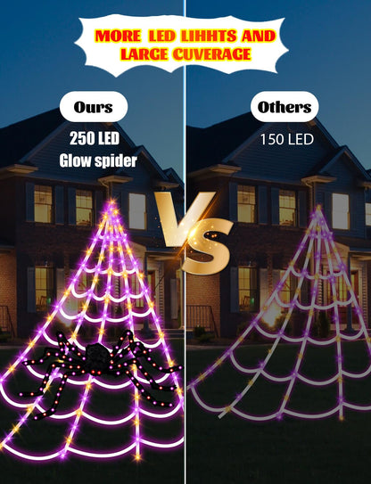 LCHUANG Spider Webs Halloween Decorations Lights - 250 LEDs Outdoor Halloween String Lights with 60" Light Up Spider,8 Modes Remote Control 16.4Ft Spiderweb,Waterproof (Orange+Purple)