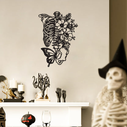 Rajukit Skull Wall Decor & Metal Butterfly Art - Gothic Skeleton Decor with Flowers, Eclectic Wall Sculpture for Bedroom & Outdoor Gothic Decor, Halloween Gifts