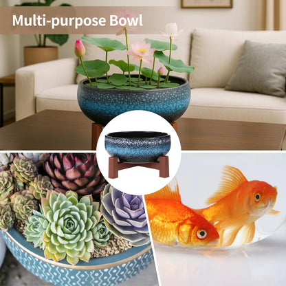 Lotus Bowl Planter with Cross Base, Ceramic Water Plant Bowl, Indoor Lotus Flower Pot with Starry Texture, Leakproof Bonsai Bowl, Hydroponic Planter for Aquatic Plants, Lilies, and Succulents